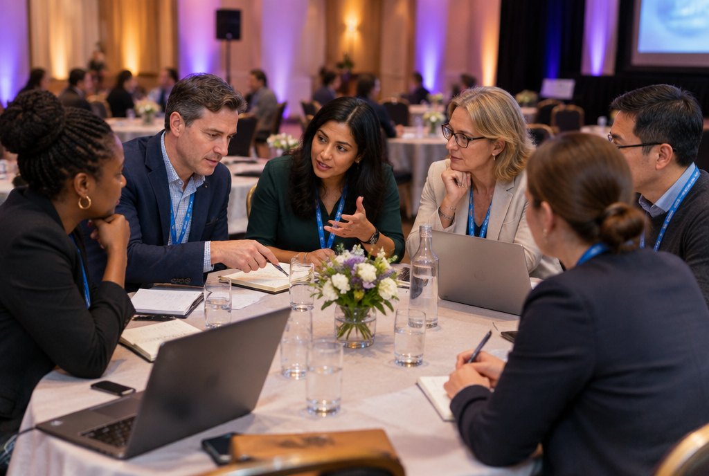 Small-group roundtable discussion around a table with laptops