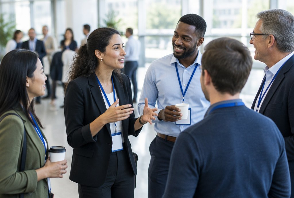 Group of professionals with name badges talking together over coffee